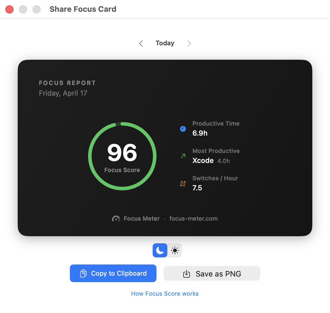 A Focus Card with your Focus Score, streak, and top app for the week